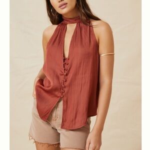 Anthropologie Cutout front button sleeveless Halter Top M silky boho
